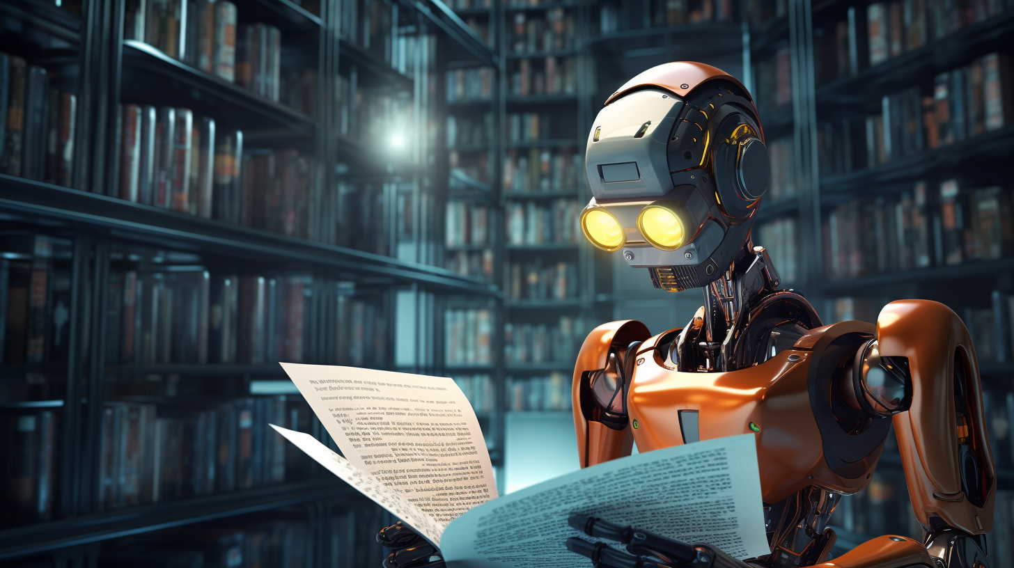 Illustration of robot reading text on large page within a library