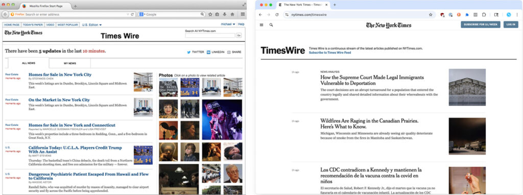 Side-by-side screenshots of TimesWire on the NYT web site in 2009 and how it looks today