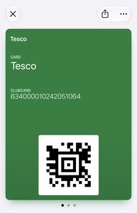 Screenshot of a basic card in Apple Wallet with a Tesco clubcard number and Aztec barcode.